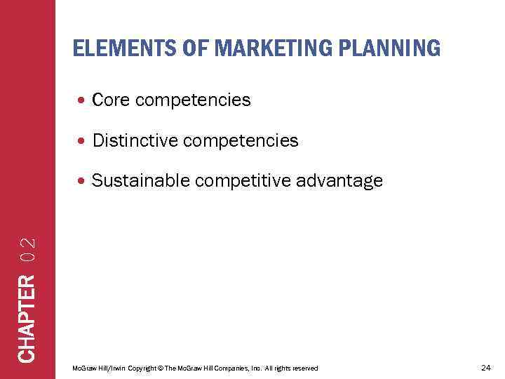 ELEMENTS OF MARKETING PLANNING Core competencies Distinctive competencies Sustainable competitive advantage CHAPTER 02 Mc.