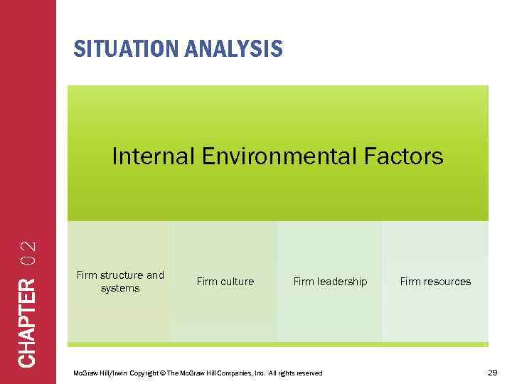 SITUATION ANALYSIS CHAPTER 02 Internal Environmental Factors Firm structure and systems Firm culture Firm