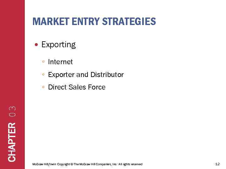 MARKET ENTRY STRATEGIES Exporting ◦ Internet ◦ Exporter and Distributor CHAPTER 03 ◦ Direct