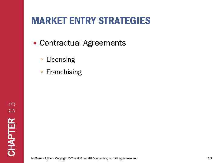 MARKET ENTRY STRATEGIES Contractual Agreements ◦ Licensing CHAPTER 03 ◦ Franchising Mc. Graw Hill/Irwin