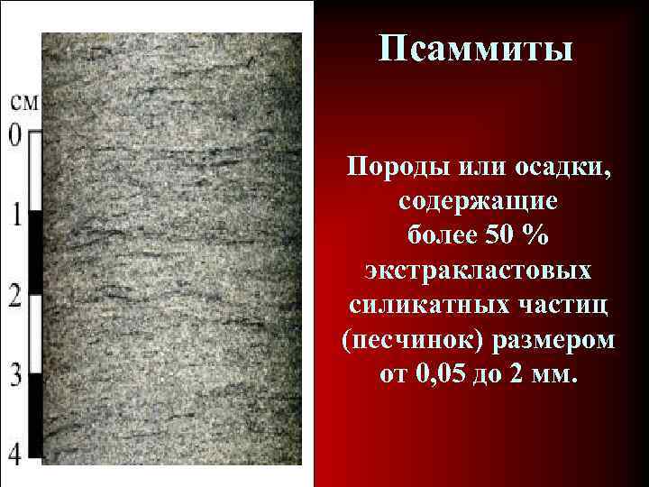 Псаммиты Породы или осадки, содержащие более 50 % экстракластовых силикатных частиц (песчинок) размером от