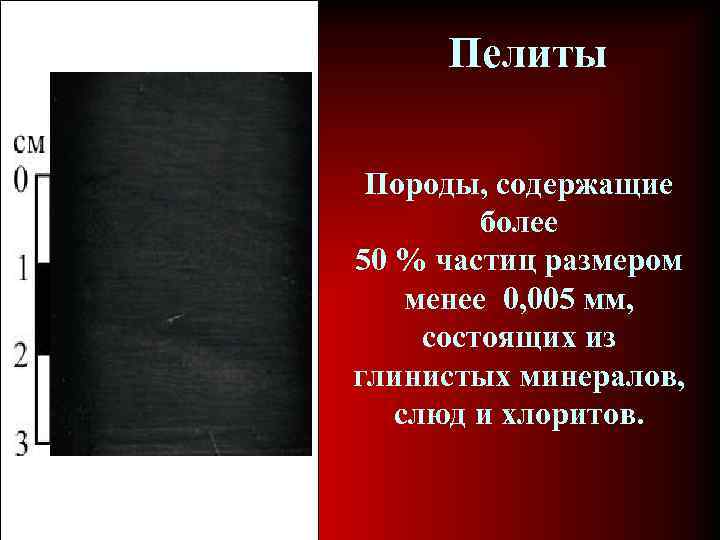 Пелиты Породы, содержащие более 50 % частиц размером менее 0, 005 мм, состоящих из