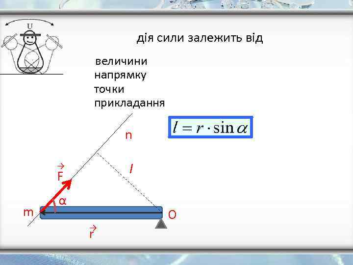 дія сили залежить від величини напрямку точки прикладання n l → F m α