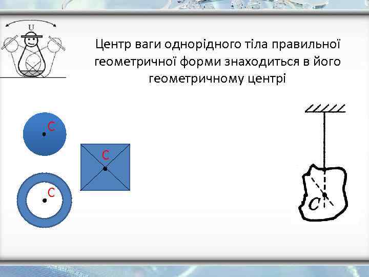 Центр ваги однорідного тіла правильної геометричної форми знаходиться в його геометричному центрі С С