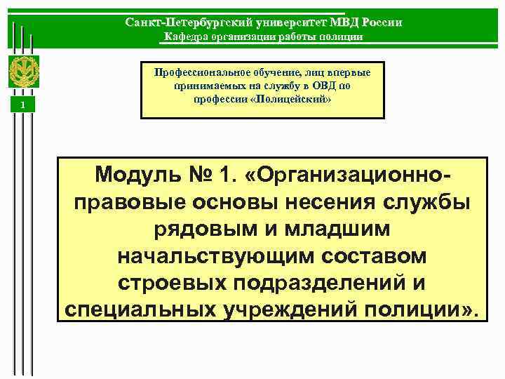 Санкт-Петербургский университет МВД России Кафедра организации работы полиции 1 Профессиональное обучение, лиц впервые принимаемых