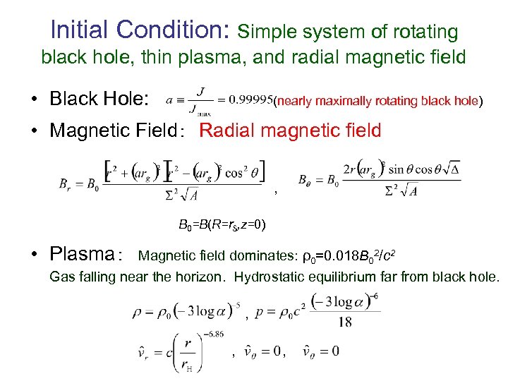 Initial Condition: Simple system of rotating black hole, thin plasma, and radial magnetic field