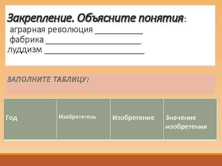 Закрепление. Объясните понятия: аграрная революция _____ фабрика __________ луддизм ___________ ЗАПОЛНИТЕ ТАБЛИЦУ: Год Изобретатель