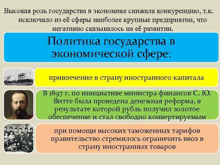 Высокая роль государства в экономике снижала конкуренцию, т. к. исключало из её сферы наиболее