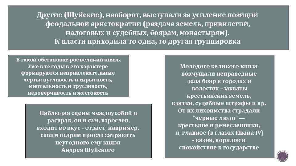 Другие (Шуйские), наоборот, выступали за усиление позиций феодальной аристократии (раздача земель, привилегий, налоговых и