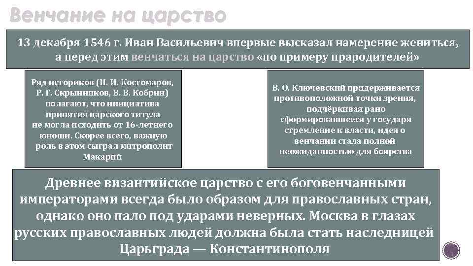 Венчание на царство 13 декабря 1546 г. Иван Васильевич впервые высказал намерение жениться, а