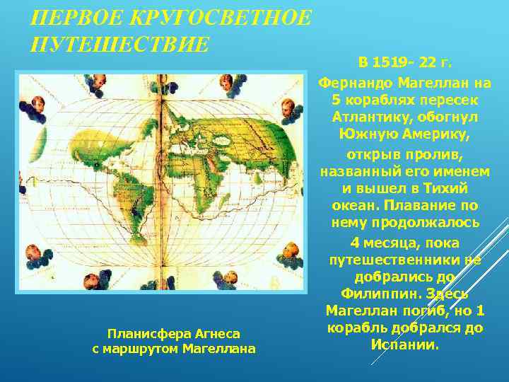 ПЕРВОЕ КРУГОСВЕТНОЕ ПУТЕШЕСТВИЕ Планисфера Агнеса с маршрутом Магеллана В 1519 - 22 г. Фернандо