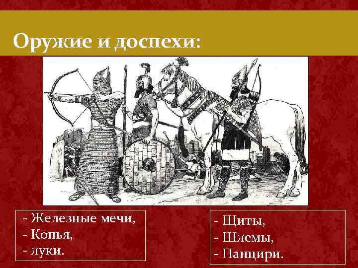 Оружие и доспехи: Железные мечи, Копья, луки. Щиты, Шлемы, Панцири. 