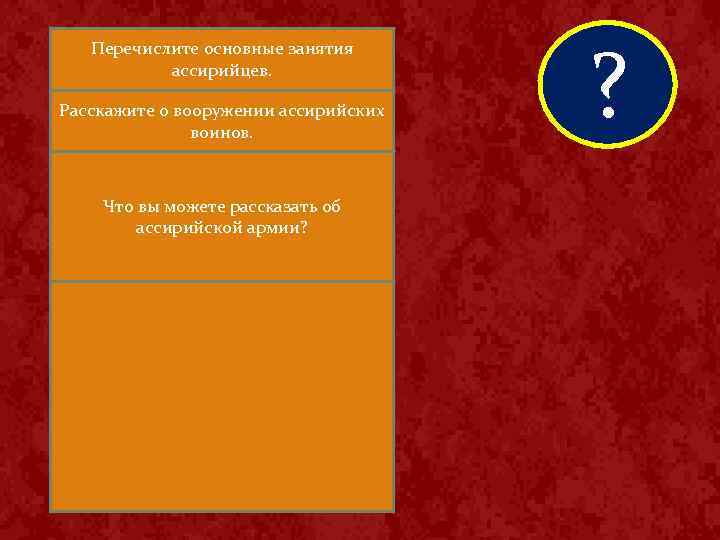 Перечислите основные занятия ассирийцев. Ассирийцы издавна занимались охотой Расскажите о вооружении ассирийских и скотоводством.