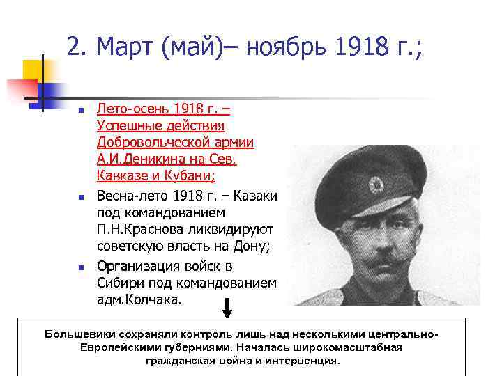 2. Март (май)– ноябрь 1918 г. ; n n n Лето-осень 1918 г. –