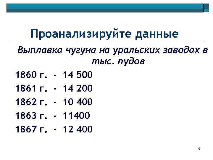 Проанализируйте данные Выплавка чугуна на уральских заводах в тыс. пудов 1860 г. - 14