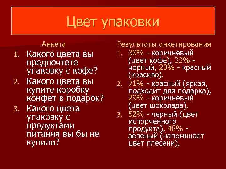 Цвет упаковки Анкета Какого цвета вы предпочтете упаковку с кофе? 2. Какого цвета вы