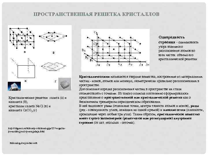 ПРОСТРАНСТВЕННАЯ РЕШЕТКА КРИСТАЛЛОВ Однородность строения - одинаковость узора взаимного расположения атомов во всех частях