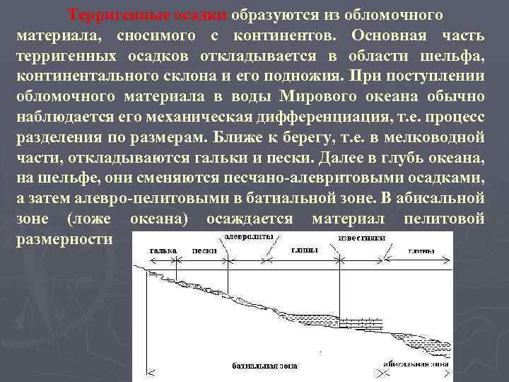 Терригенные осадки образуются из обломочного материала, сносимого с континентов. Основная часть терригенных осадков откладывается