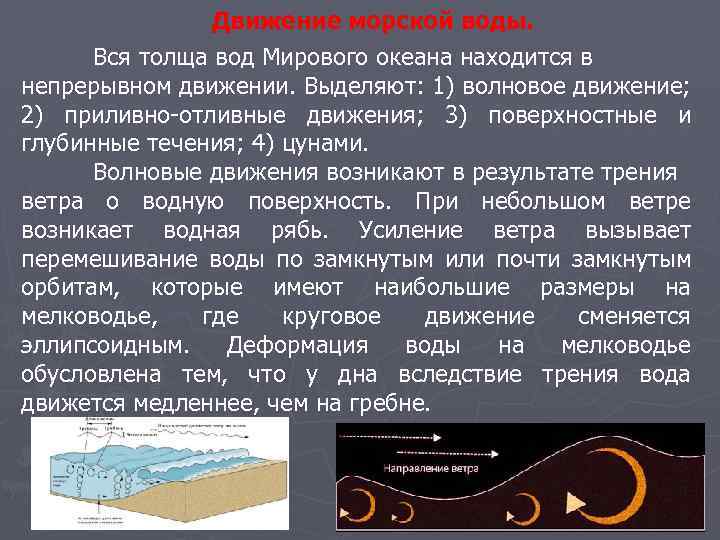 Движение морской воды. Вся толща вод Мирового океана находится в непрерывном движении. Выделяют: 1)