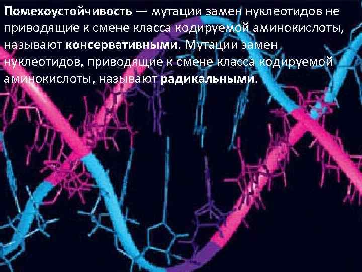 Помехоустойчивость — мутации замен нуклеотидов не приводящие к смене класса кодируемой аминокислоты, называют консервативными.
