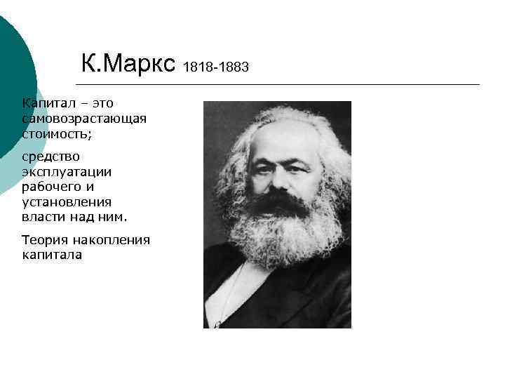 К. Маркс 1818 -1883 Капитал – это самовозрастающая стоимость; средство эксплуатации рабочего и установления
