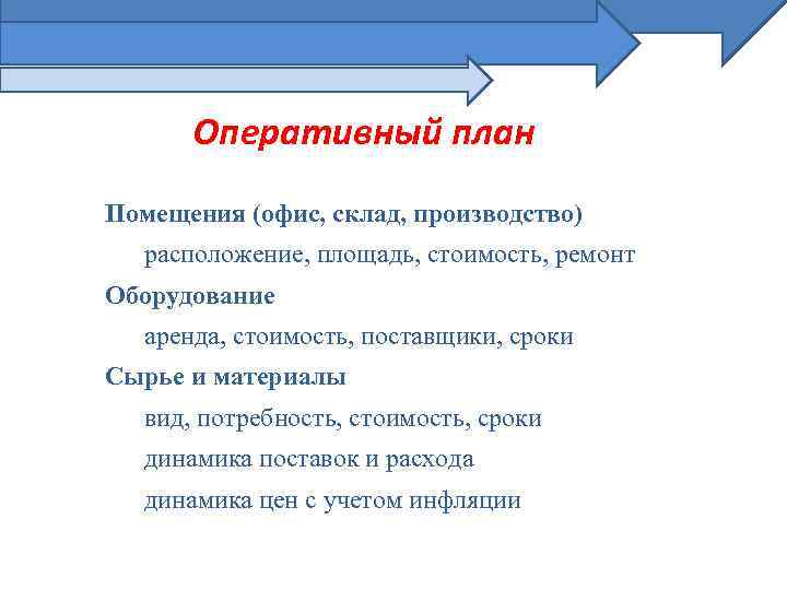 Оперативный план Помещения (офис, склад, производство) расположение, площадь, стоимость, ремонт Оборудование аренда, стоимость, поставщики,