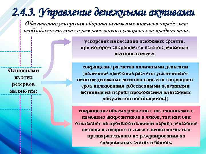 2. 4. 3. Управление денежными активами Обеспечение ускорения оборота денежных активов определяет необходимость поиска
