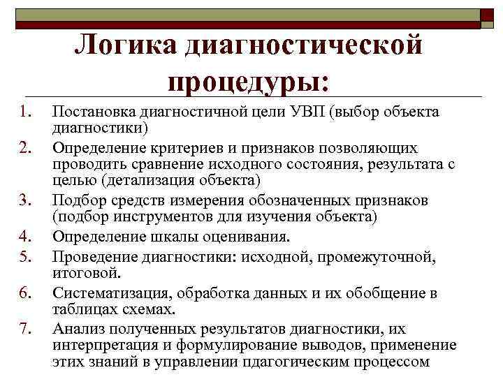 Логика диагностической процедуры: 1. 2. 3. 4. 5. 6. 7. Постановка диагностичной цели УВП