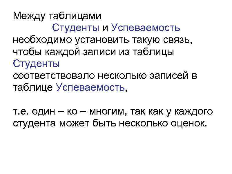 Между таблицами Студенты и Успеваемость необходимо установить такую связь, чтобы каждой записи из таблицы