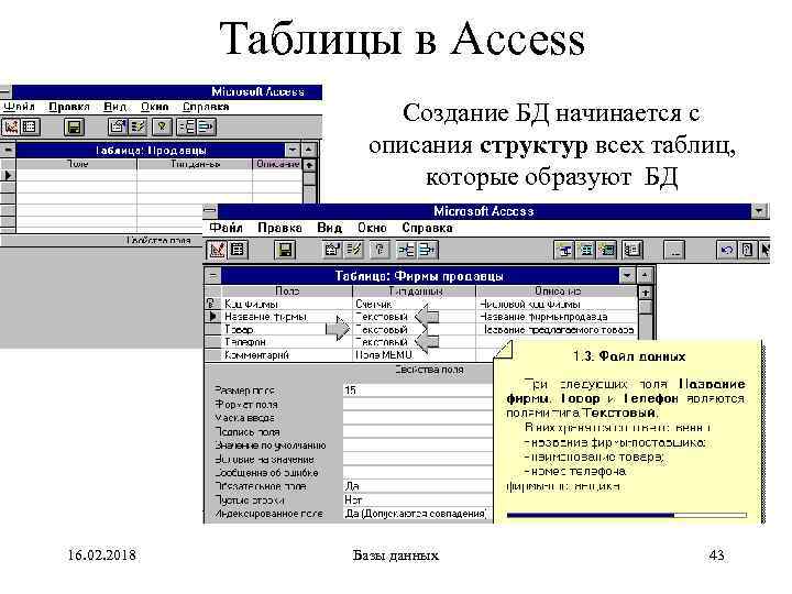 Таблицы в Access Создание БД начинается с описания структур всех таблиц, которые образуют БД