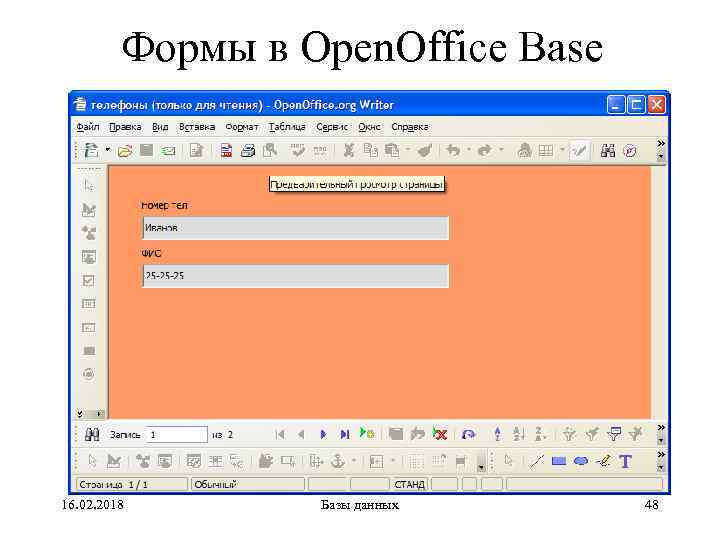 Формы в Open. Office Base 16. 02. 2018 Базы данных 48 