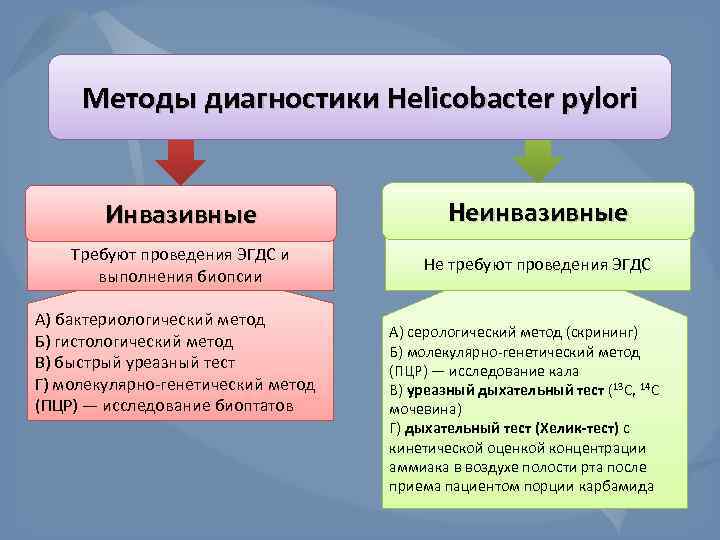 Методы диагностики Helicobacter pylori Инвазивные Неинвазивные Требуют проведения ЭГДС и выполнения биопсии Не требуют