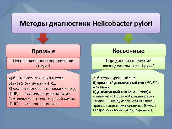 Методы диагностики Helicobacter pylori Прямые Косвенные Непосредственное определение H. pylori Определение продуктов жизнедеятельности H.