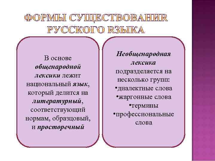 В основе общенародной лексики лежит национальный язык, который делится на литературный, соответствующий нормам, образцовый,