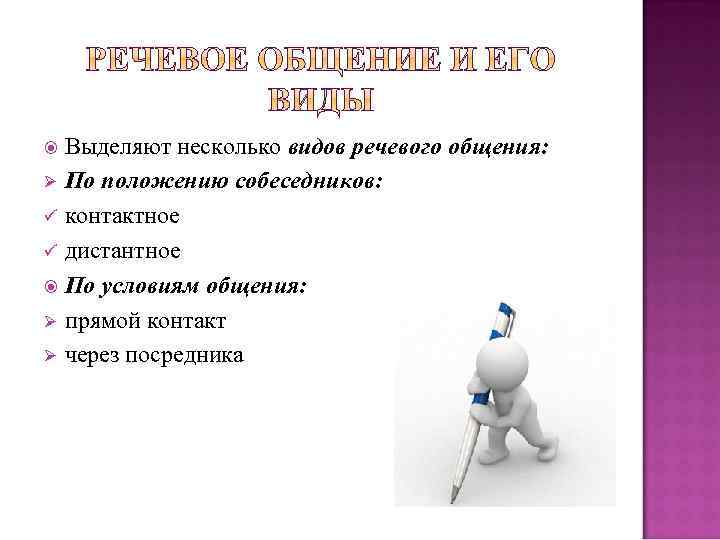 Выделяют несколько видов речевого общения: Ø По положению собеседников: ü контактное ü дистантное По