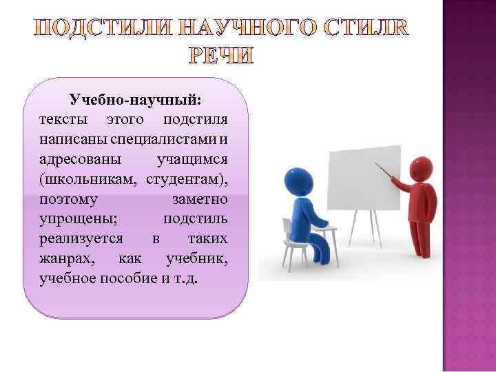 Учебно-научный: тексты этого подстиля написаны специалистами и адресованы учащимся (школьникам, студентам), поэтому заметно упрощены;