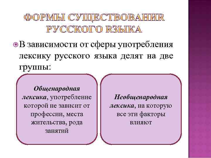  В зависимости от сферы употребления лексику русского языка делят на две группы: Общенародная