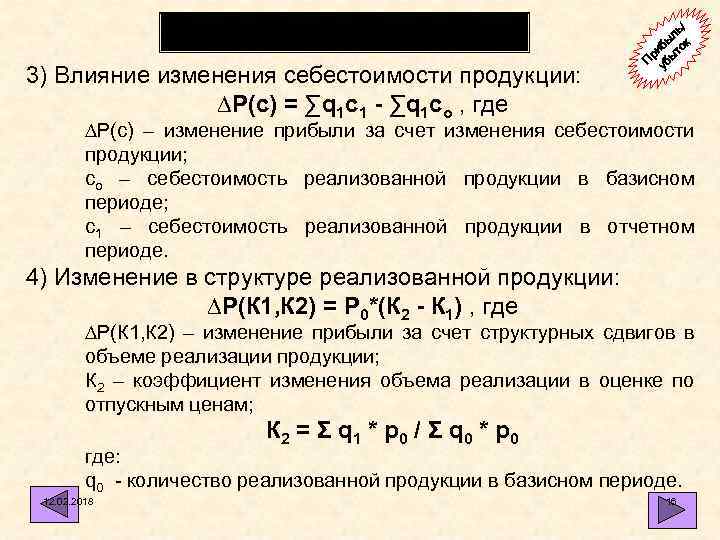 Методика анализа 3) Влияние изменения себестоимости продукции: ∆Р(с) = ∑q 1 c 1 -