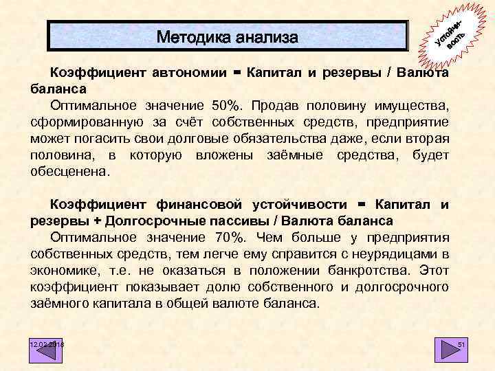 Методика анализа ийч ь о ст ост У в Коэффициент автономии = Капитал и