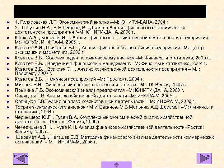 СПИСОК ИСПОЛЬЗОВАННОЙ ЛИТЕРАТУРЫ l l l l 1. Гиляровская Л. Т. Экономический анализ /–М: