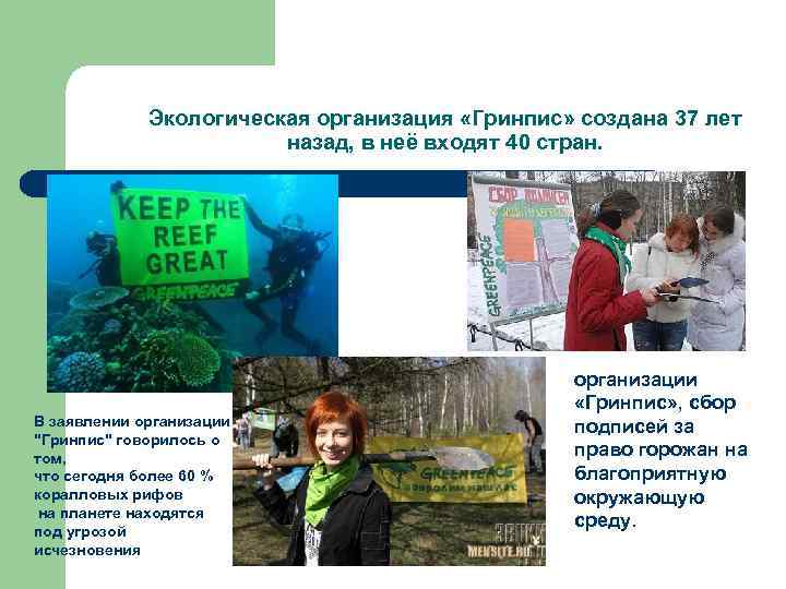 Экологическая организация «Гринпис» создана 37 лет назад, в неё входят 40 стран. В заявлении