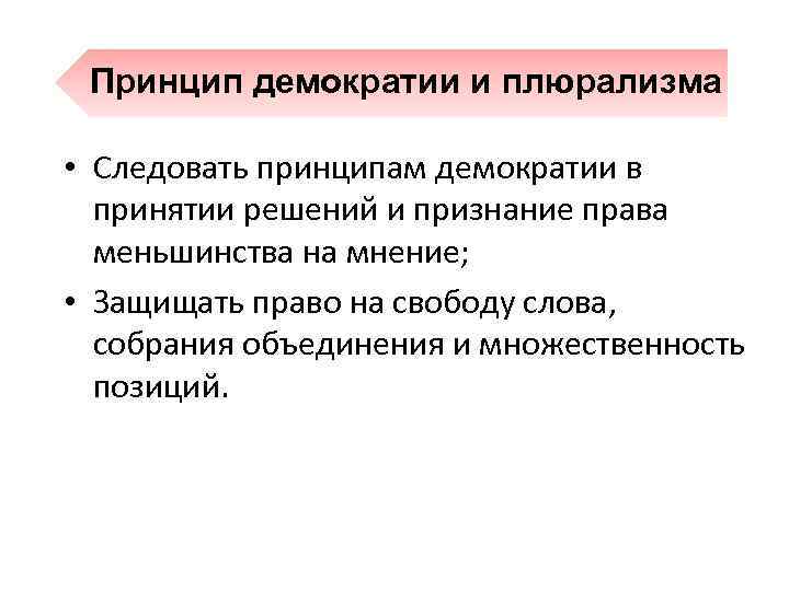 Принцип демократии и плюрализма • Следовать принципам демократии в принятии решений и признание права