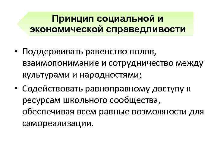 Принцип социальной и экономической справедливости • Поддерживать равенство полов, взаимопонимание и сотрудничество между культурами