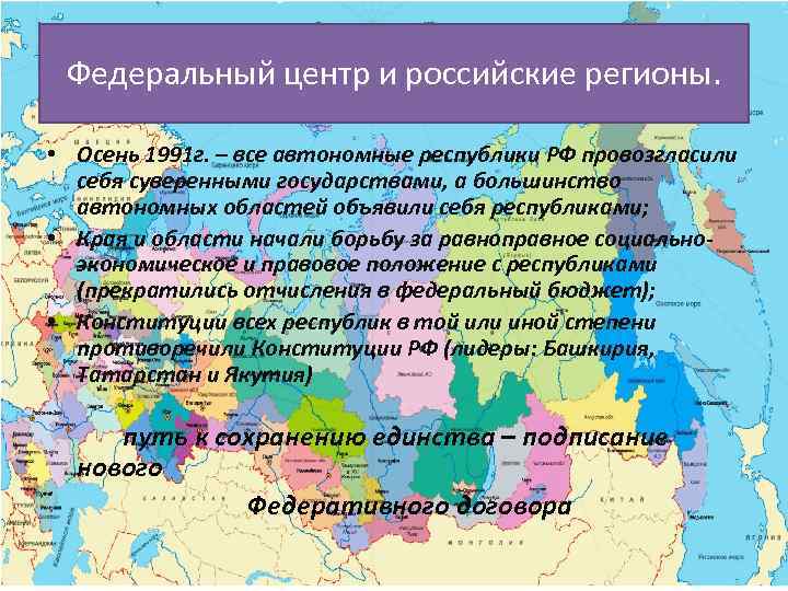 Федеральный центр и российские регионы. • Осень 1991 г. – все автономные республики РФ