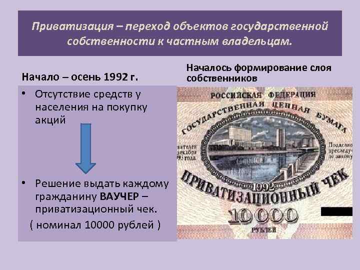 Приватизация – переход объектов государственной собственности к частным владельцам. Начало – осень 1992 г.