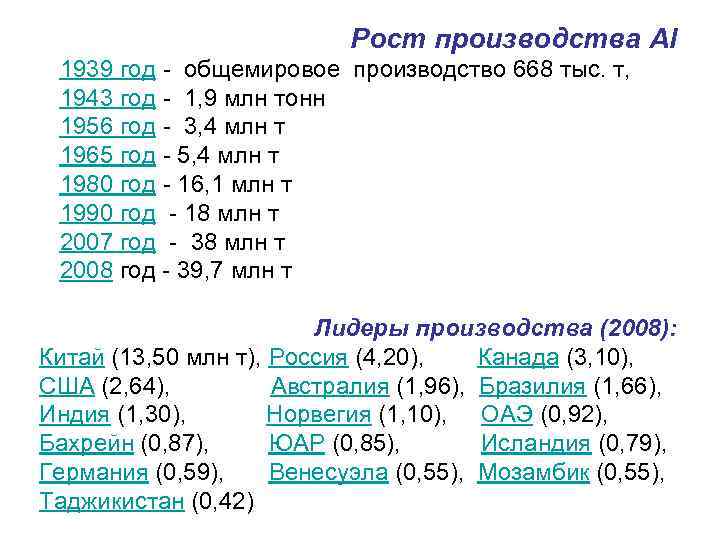 Рост производства Al 1939 год - общемировое производство 668 тыс. т, 1943 год -