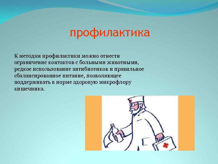 профилактика К методам профилактики можно отнести ограничение контактов с больными животными, редкое использование антибиотиков