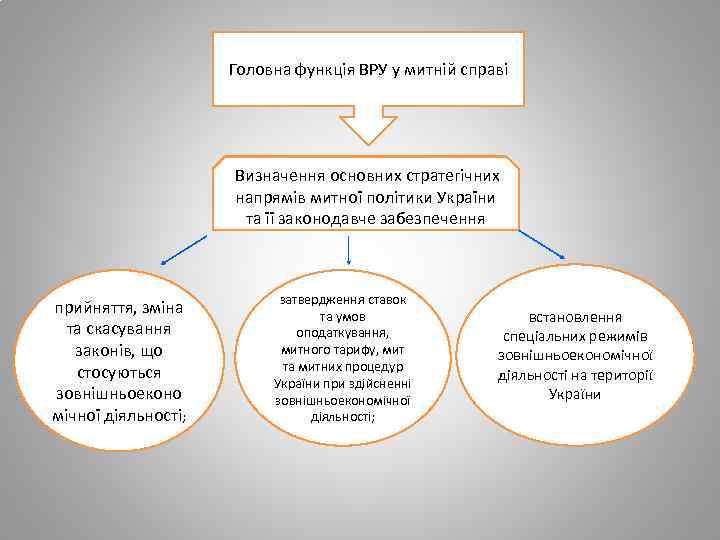 Головна функція ВРУ у митній справі Визначення основних стратегічних напрямів митної політики України та