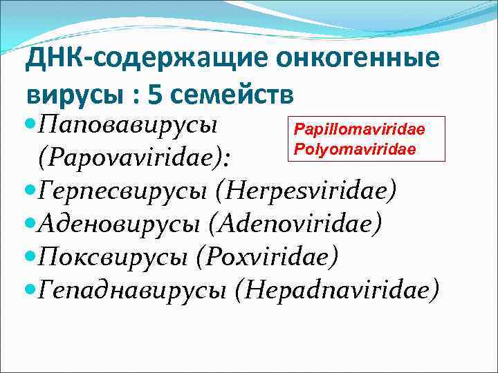 ДНК-содержащие онкогенные вирусы : 5 семейств Паповавирусы Papillomaviridae Polyomaviridae (Papovaviridae): Герпесвирусы (Herpesviridae) Аденовирусы (Adenoviridae)