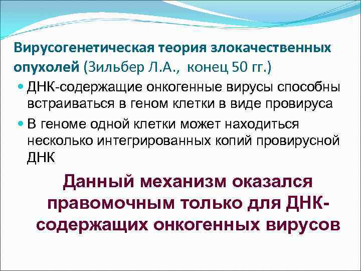 Вирусогенетическая теория злокачественных опухолей (Зильбер Л. А. , конец 50 гг. ) ДНК-содержащие онкогенные